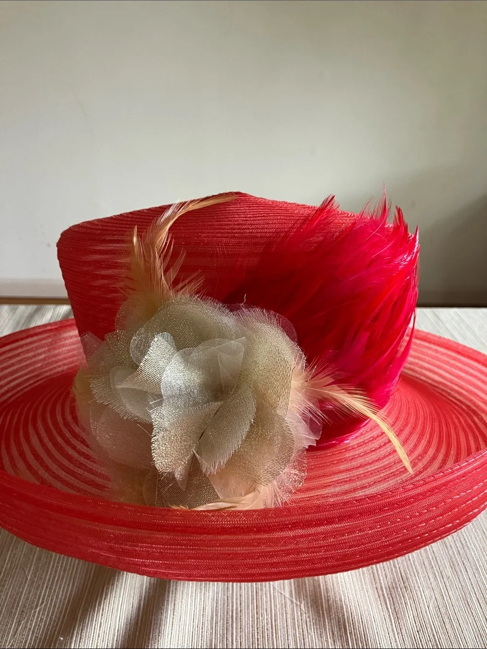 Elegant Women's Wide-Brim Hat with Feather and Flower Accent
